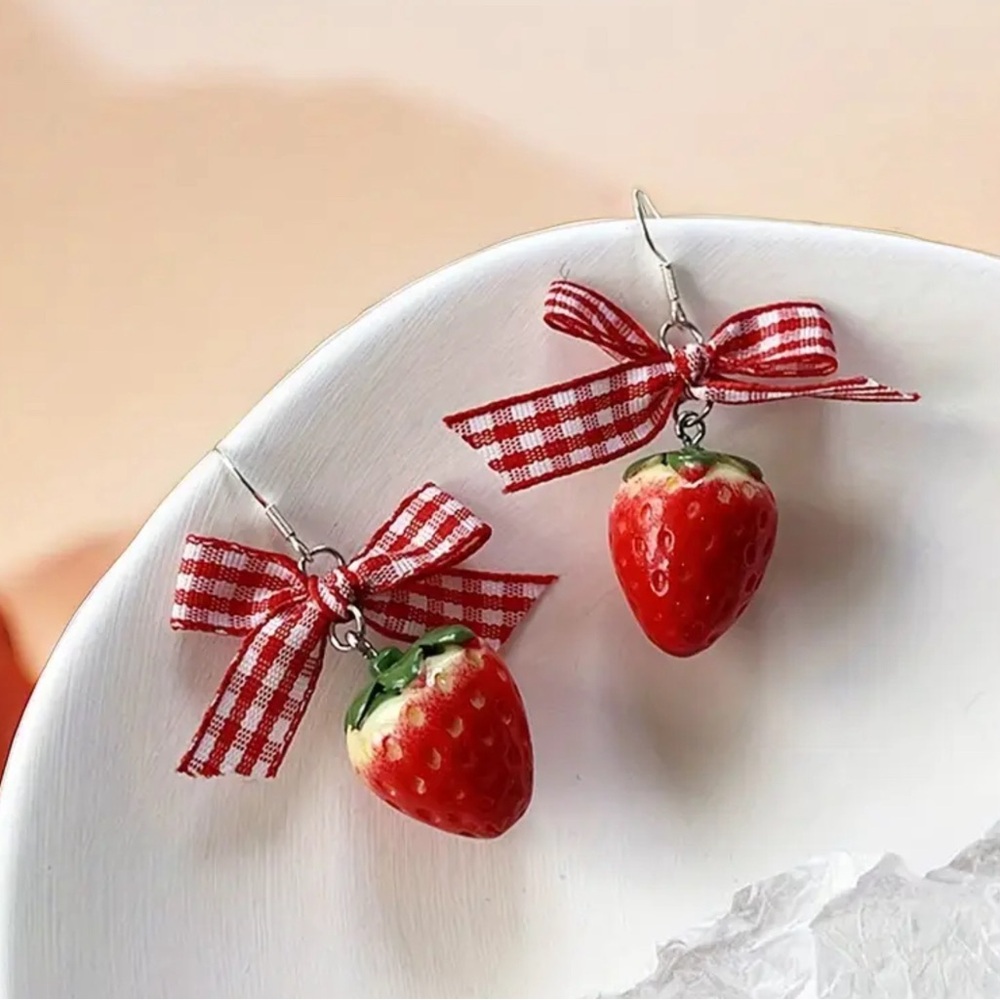 Strawberry Earrings with Red Gingham Bows - Picture 3 of 5